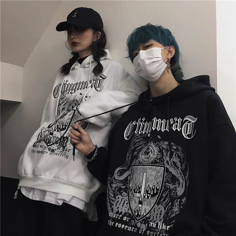 

Autumn Winter Fleece Sweater Men's Hooded Ins Trendy Dark Style Depressed High Street Hip-Hop Loose Tops Hoodie Men and