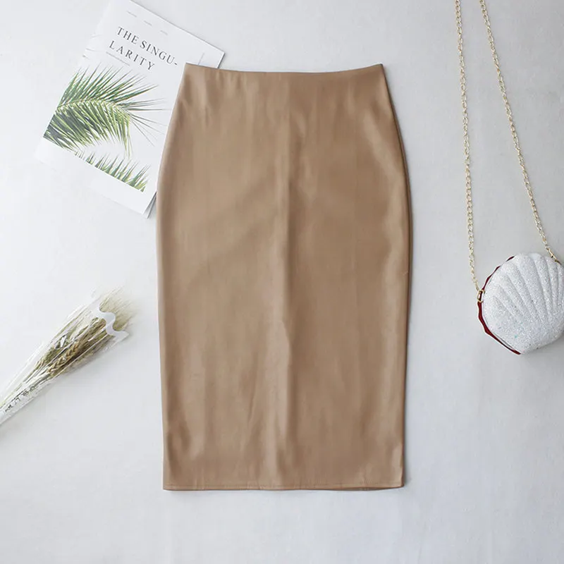 Женская юбка карандаш из искусственной кожи REALEFT зеленая элегантная средней