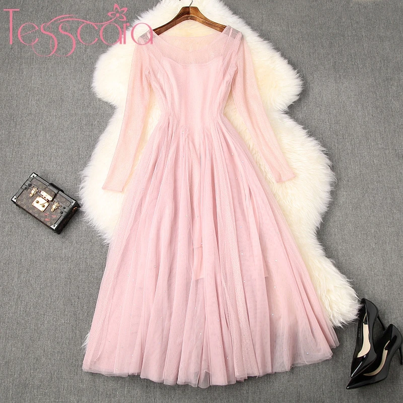 Женское дизайнерское платье TESSCARA роскошное розовое Сетчатое высокого качества