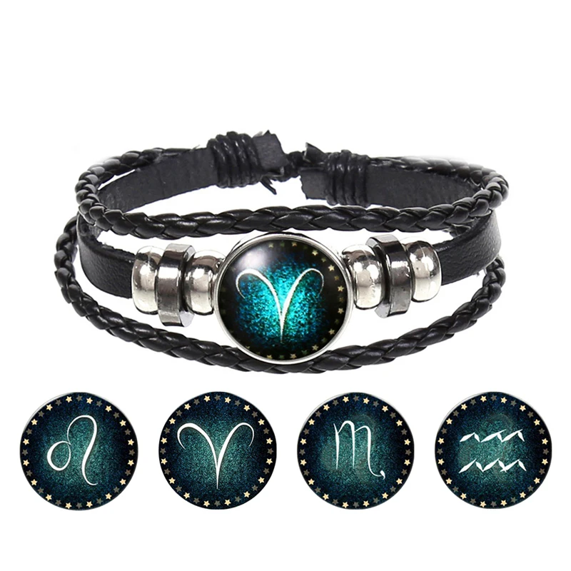 

12 Constellation Zodiac Sign Black Braided Leather Bracelet Cancer Leo Virgo Libra Woven Glass Dome Jewelry Punk Men Bracelet