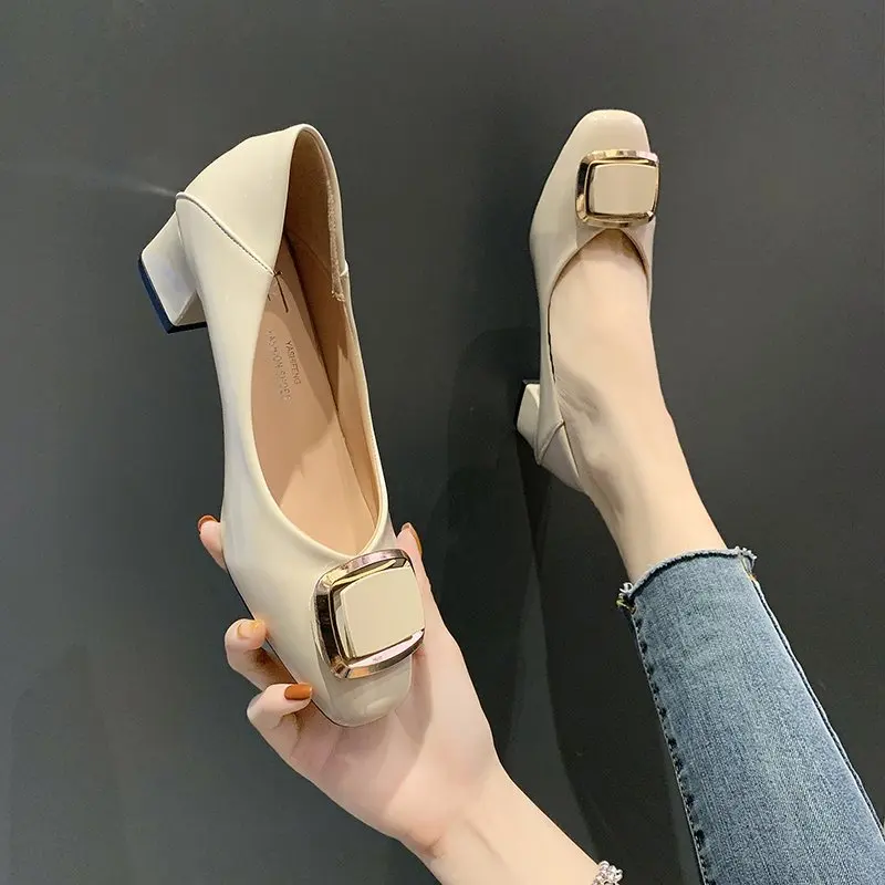 

Large Size Womens Shoes Spring 2020 Patent Leather Square Toe Thick With Metal Buckle Versatile Shallow Mouth Single Shoes Woman
