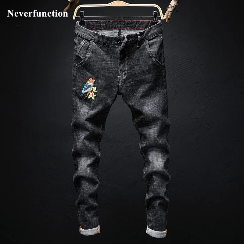 Джинсы мужские Стрейчевые с вышивкой в стиле хип-хоп модные простые черные