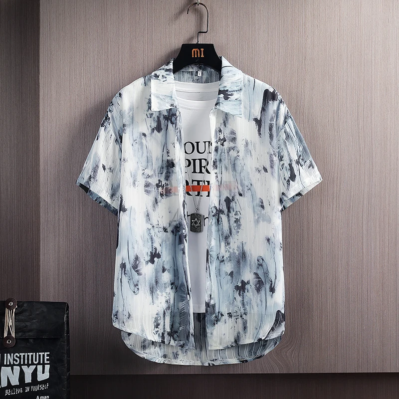 7XL ~ m ultra thin port style short sleeve shirt men's 2021 summer new large ice silk breathable fashion printed air conditionin