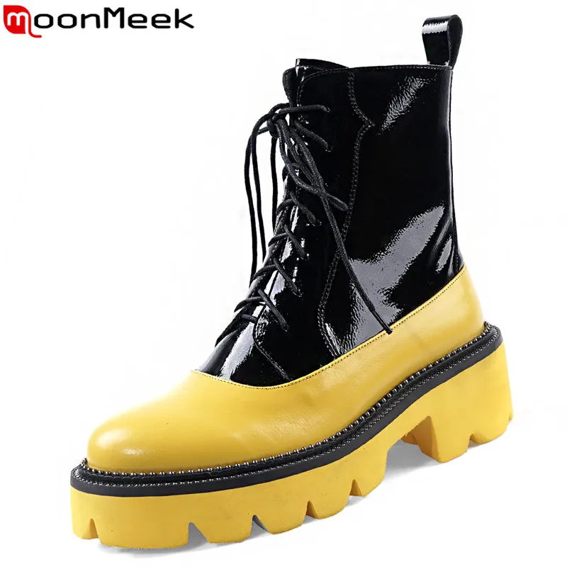 

MoonMeek/Большие размеры 34-43; Модные ботильоны; Женские ботинки из натуральной кожи с круглым носком; Классические ботинки на шнуровке на платфо...