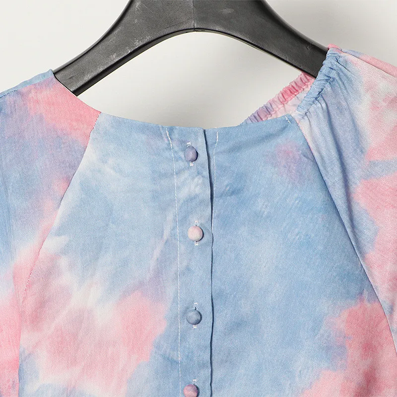 

New Fashion 2021 Women Summer Tie Dye Half Sleeve Hollow Out Irregular Hem Waist Button Vintage Casual Beach Mid-calf Dress