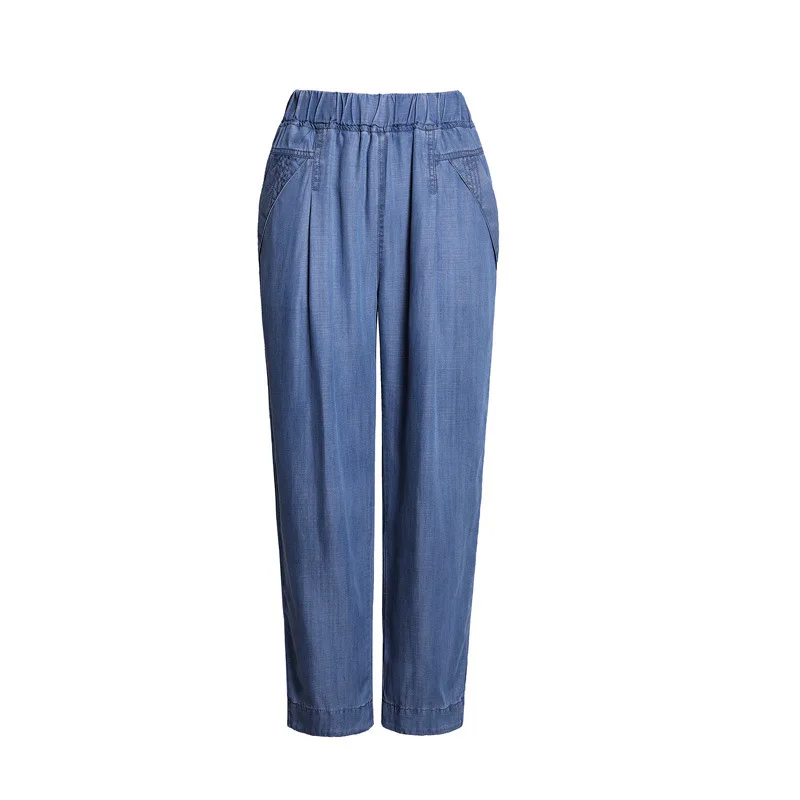 

Women's Ultra-thin Tencel Jeans Straight Loose Large Size Spring Summer Thin Section 2021 New Ice Silk Elastic Casual Pants V8
