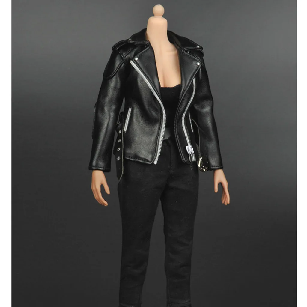 Масштаб 1/6 женская одежда черная куртка из искусственной кожи брюки жилет