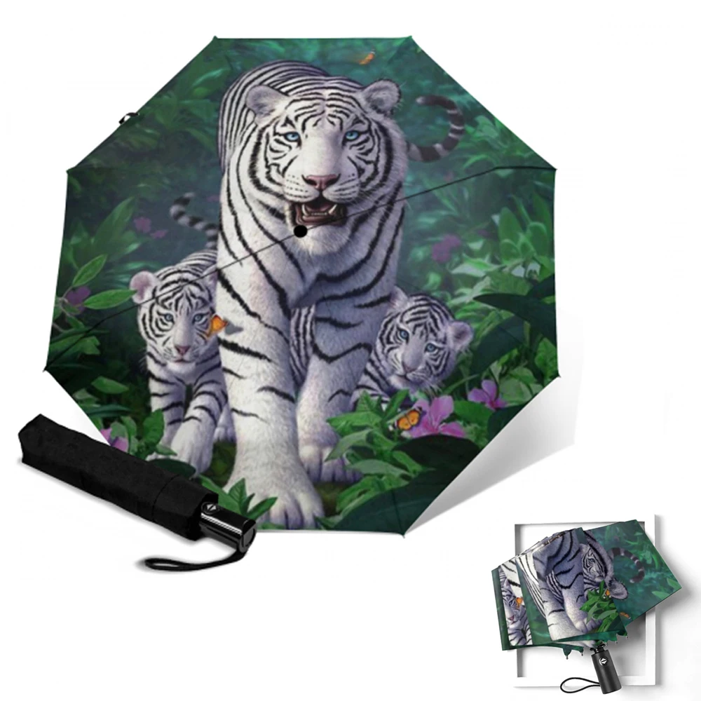 

Creative White Tiger Printed Umbrella 3 Folding Automatic Umbrella Men Women Quick Drying Rain Umbrellas Customized Parasol