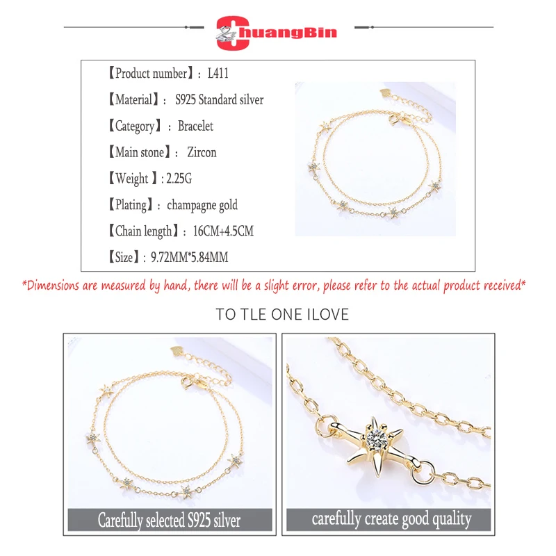 

Genuine S925 Sterling Silver Star Zircon Bracelet Women's Fine Hexagram Double Sterling Silver Bracelet