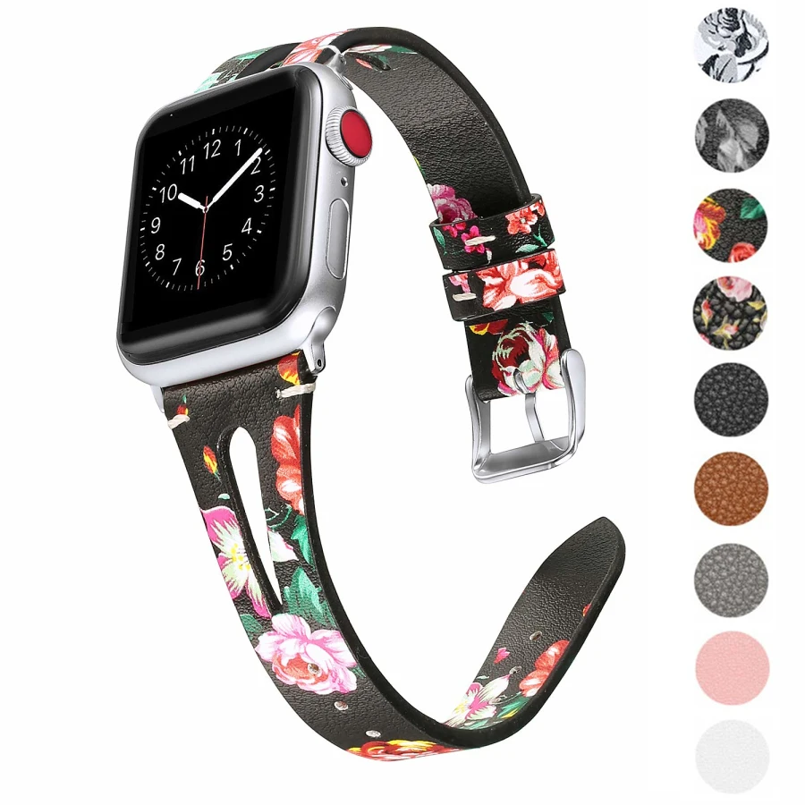 Для Apple Watch Series 5 4 3 2 кожаный ремешок с цветочным принтом для iWatch 38 мм 42 40 44 наручный