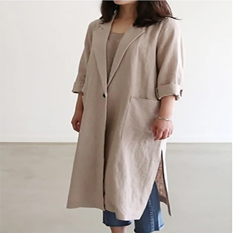 

2021 spring and autumn suit uniform size windbreaker thin polo collar solid color long cotton and linen small suit sunscreen jac
