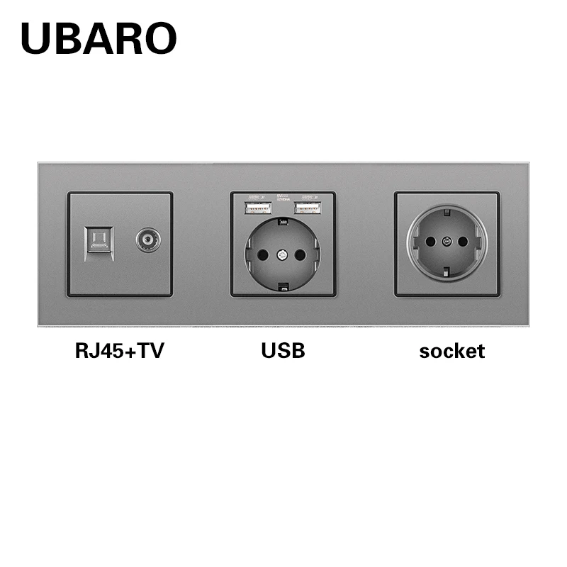 Настенная розетка UBARO ЕС Россия RJ45 RJ11 TV HDMI с черной закаленной стеклянной рамкой