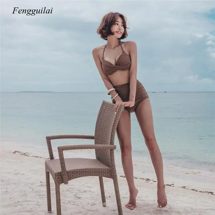 

2021 New Bikini Japanese and Korean Style Sexy High Waist Split Beach Swimming Suit