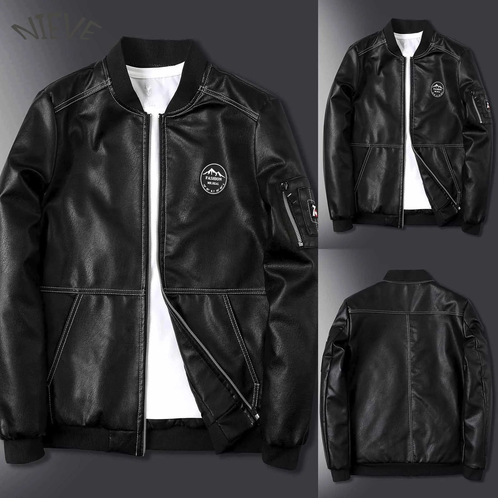 

Мужская зимняя кожаная куртка, красивая куртка с воротником-стойкой, простая однотонная куртка с карманами и длинными рукавами, кожаное пал...