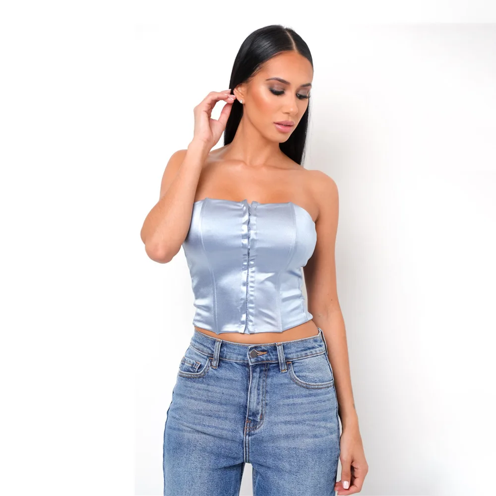 Женский атласный корсет Y2K летний укороченный Топ без бретелек на пуговицах