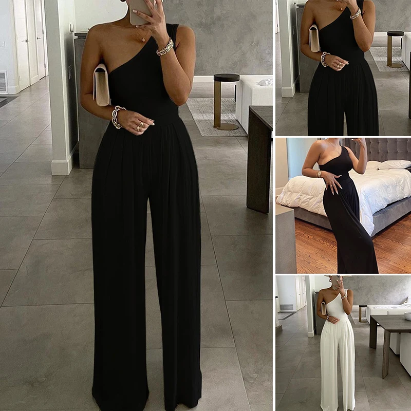 

One Shoulder Ruched Wide Leg Jumpsuit Women Casual Summer Asymmetric Casual Solid Color Jumpsuit J55
