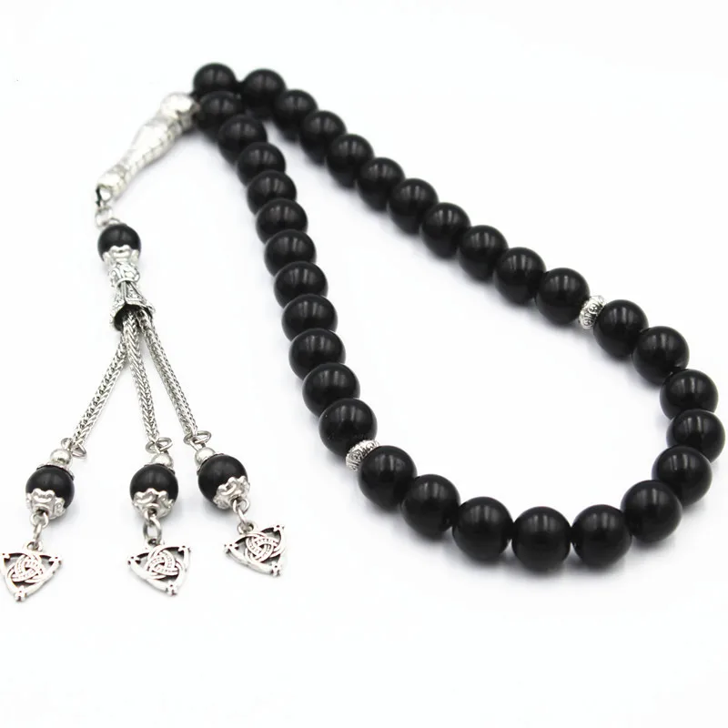 

Natural Glass Black AgatesTassel Pendant 33 Prayer Beads 10mm Islamic Allah Rosary Men Women Muslim Tasbih