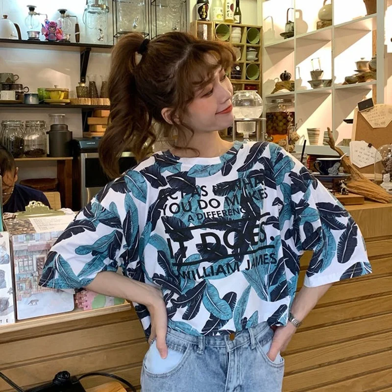 

Short Sleeve T-shirts Print Loose Crop Tops Oversized Simple Girls Sexy Streetwear Korean Style All-match Summer Trendy Chic New