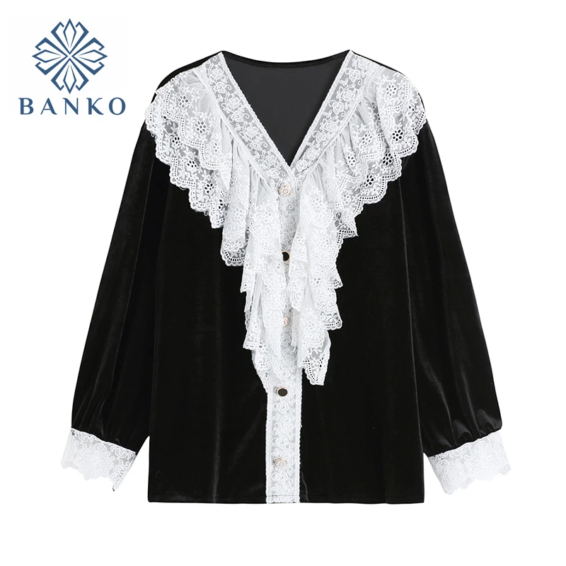 

Vintage Elegant White Lace Patchwork Neck Women's Chiffon Shirt 2021 Summer V Neck Long Sleeve Korean Black Blouse Female