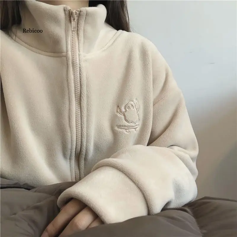 Casual Fleece Thick Hoodies Jacket Autumn Winter Korean Fashion Loose Stand Collar Plush Zipper Sweatshirt Outwear Women Hoodies