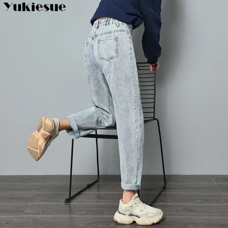 

boyfriend ripped denim Straight Jeans Woman Elasticity High Waist Jeans women plus size mom jeans blue New Loose harem pants