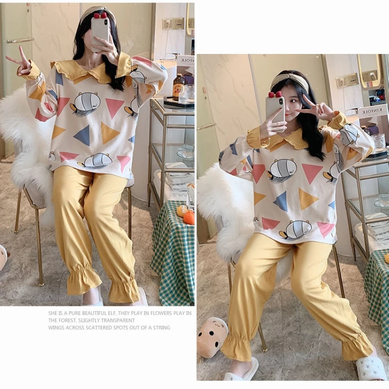 

Spring new cute pajamas female doll collar cartoon thin section girls home service suits spring and autumn long sleeves can be w