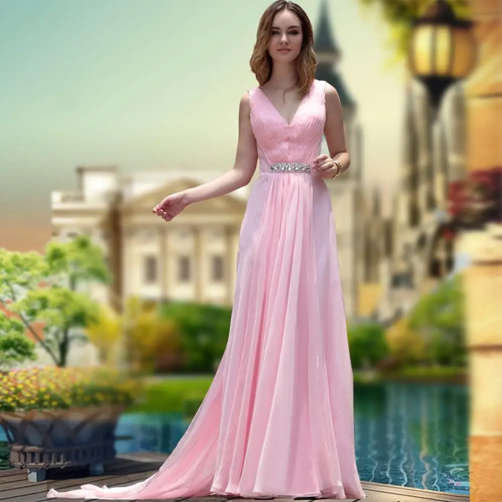 

robe de soiree vestido de festa longo 2016 new hot seller v-neck long design pink chiffon crystal Evening dress formal dresses