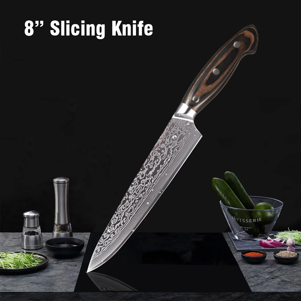 8 inch slicing knife FANGZUO 5 шт. набор кухонных ножей лезвия из нержавеющей стали Дамасские лазерные наборы шеф-ножей Santoku инструменты для приготовления пищи - Цвет: 8 inch slicing knife