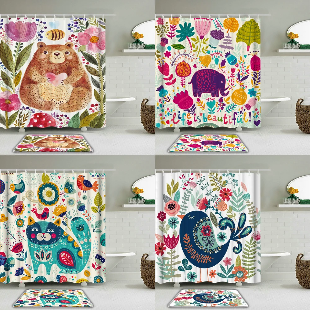 

Водонепроницаемый Противоскользящий коврик для ванной или туалета, 3d-занавеска в виде животных, цветов, листьев, с крючками