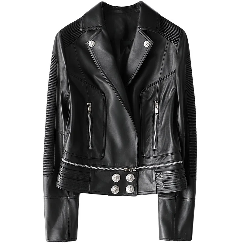 Abrigo de cuero de oveja auténtico para mujer, piel de oveja auténtica, chaqueta ajustada industrial pesada para motocicleta, ropa de moda