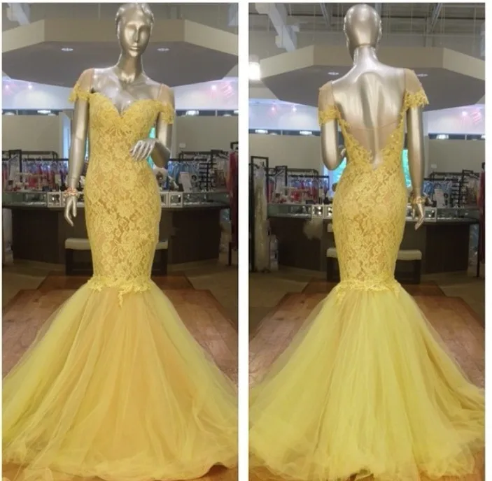 

Gorgeous Cap sleeve Yellow Lace Mermaid evening prom gown open back floor length vestidos de festa