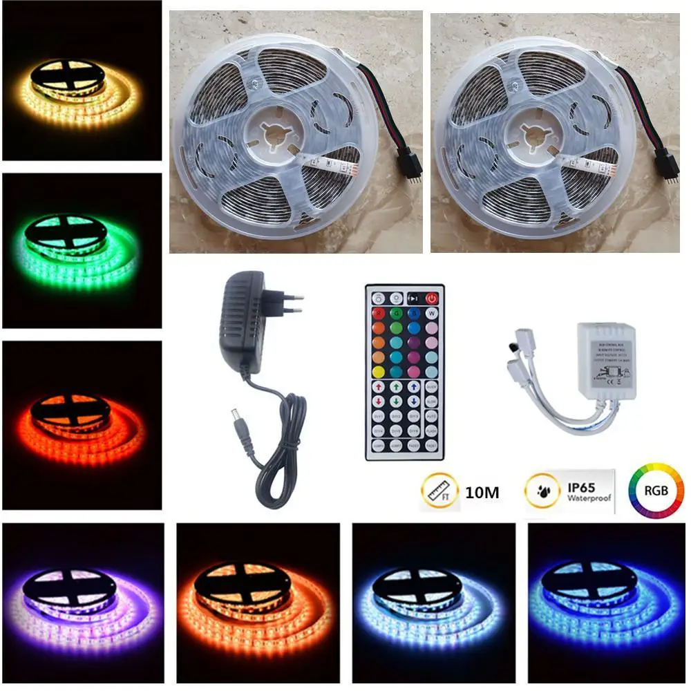 

New 10M RGB LED Waterproof Strip Lights+44Keys Remote Control+Adapter