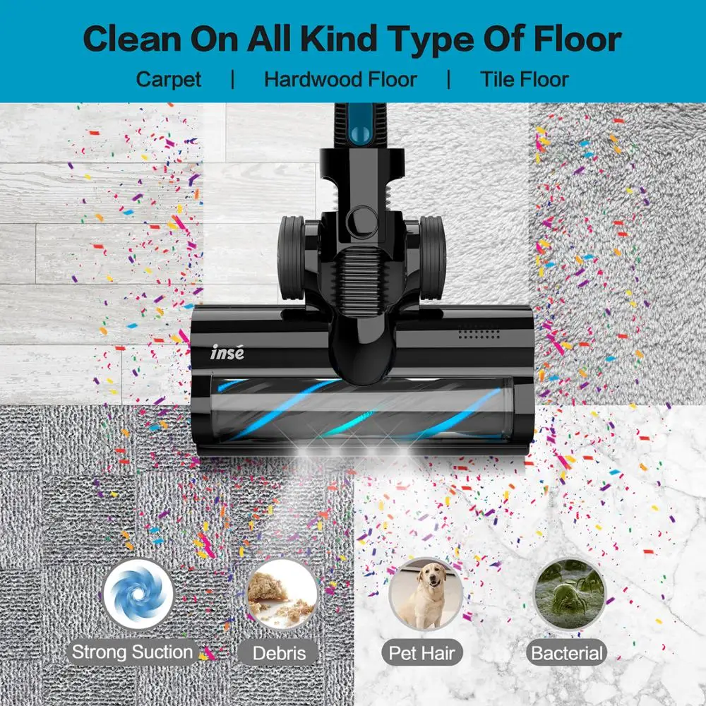 

INSE Vacuum Cleaner 12Kpa 130W Brushless Motor Stick Vacuum Up To 40 Mins Runtime 2200mAh Rechargeable Battery Aspiradora