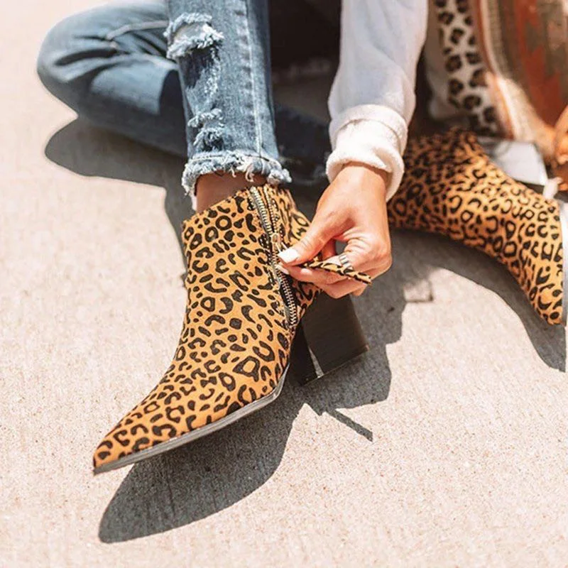 

Pointed Leopard Snake Print Thick Heel Side Zipper High Heel Ankle Boots Women's Fall/winter 2021 New Fashion Casual Lady Boots