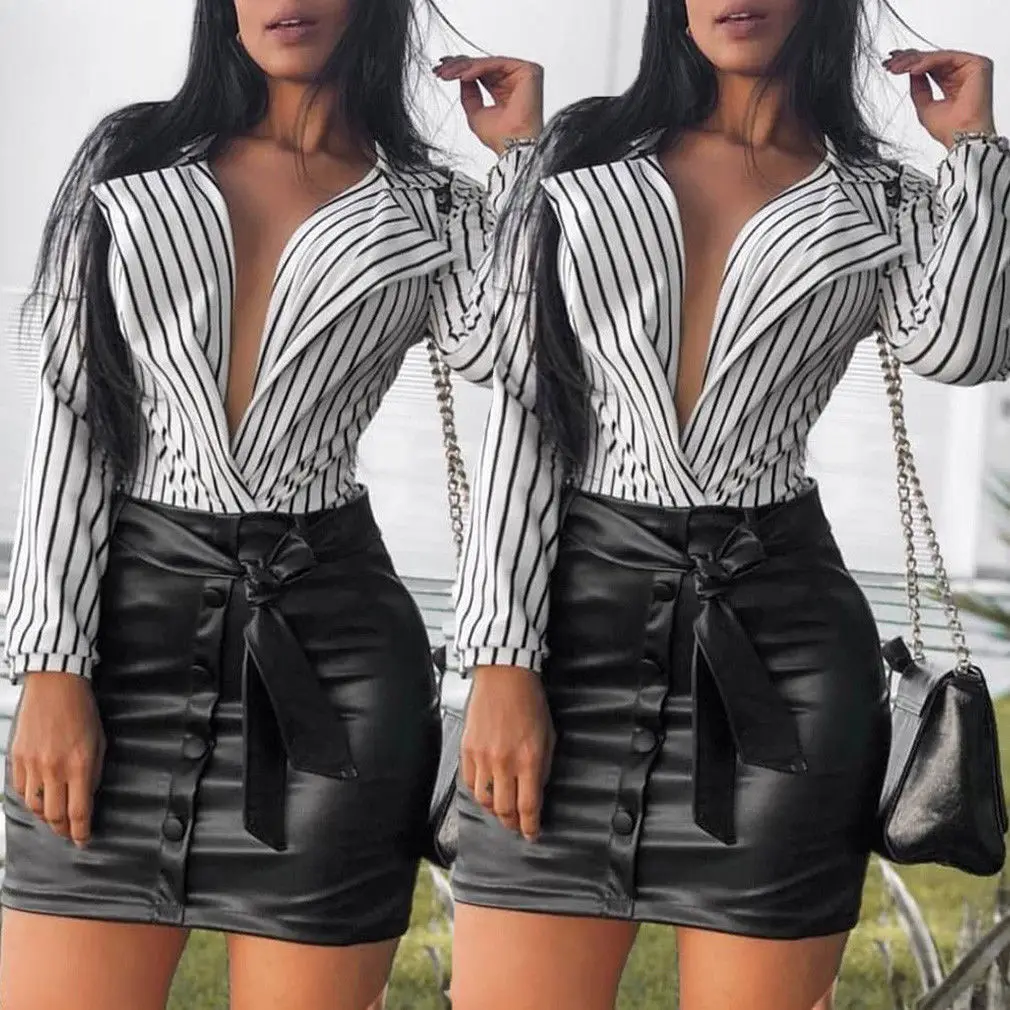 

New Fashion Sexy Womens Ladies Long Sleeve Stripe T-Shirt Top Deep-V Neck Tops Blouse Shirt