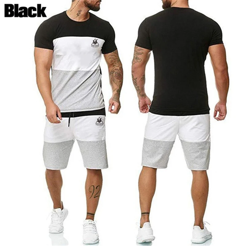 

2021 Men's Casual Summer Suit Men's Three-Color Stitching Round Neck Printed T-Shirt And Five-Point Pants Two-Piece Suit Set