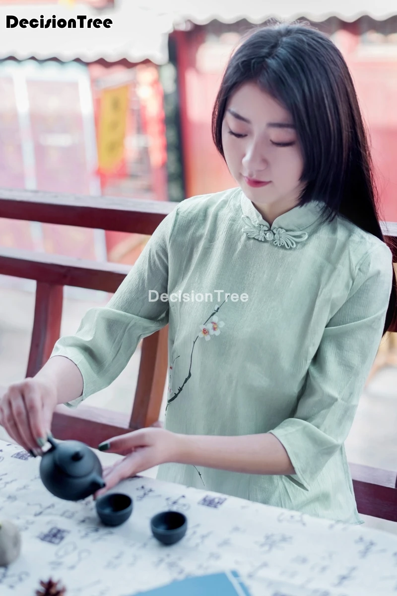 

2021 chinese style shirts qipao tops ladies classic cheongsam blouse plum flower oriental printing qipao shirt hanfu