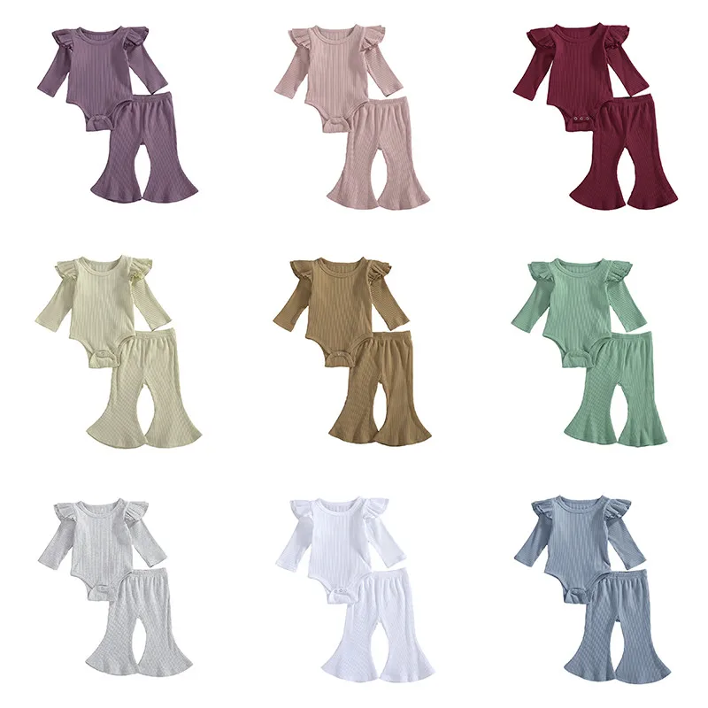 

Осенний однотонный комбинезон с оборками и длинным рукавом для новорожденных + расклешенные брюки, повседневный трикотажный наряд в рубчик...