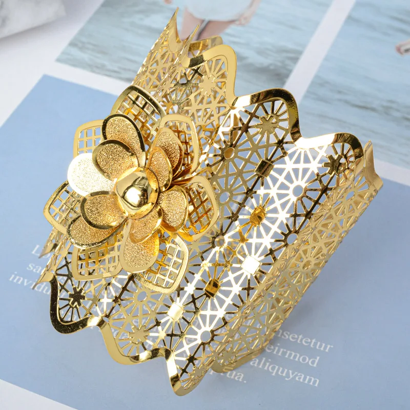 Солнечные украшения моды Медная большая браслетка в стиле цветка, покрытая золотом, регулируемая для женщин, свадебный подарок, вечеринка, помолвка.