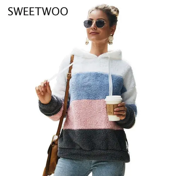 

Women Hoodies Sweatshirt Striped Patchwork Ladies Long Sleeve Pullover Plush Top Autumn Winter Female Warm Clothing 2021