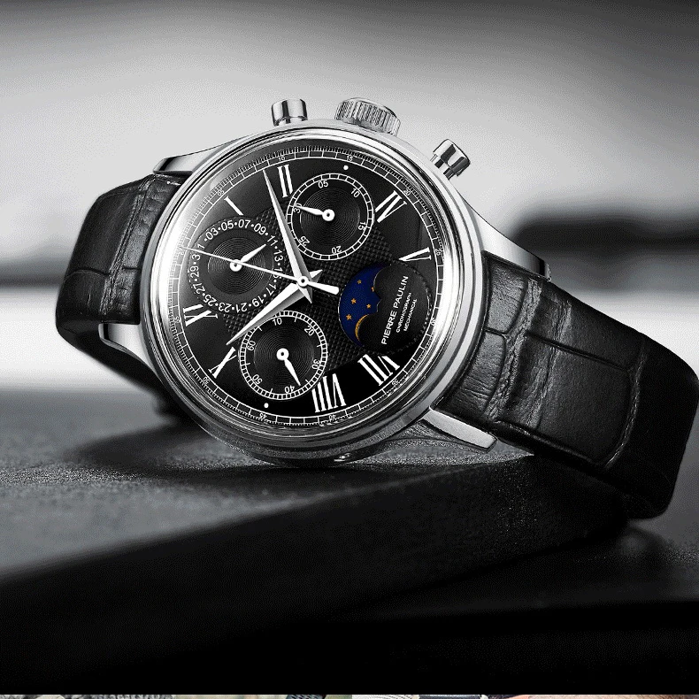 Мужские часы MERKUR с хронографом роскошные фазой Луны механические наручные
