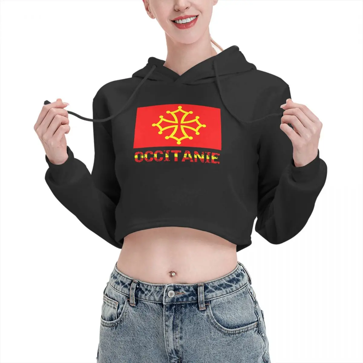 

Open navel Cat Ear Hoodie Sweater Drapeau De L'Occitanie + Inscription En Français Kids With hood Funny Novelty sexy pullover
