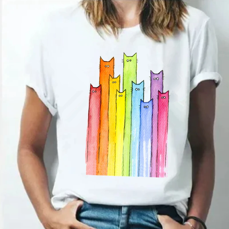 Милая красочная женская футболка с длинным вырезом и принтом кошки повседневная