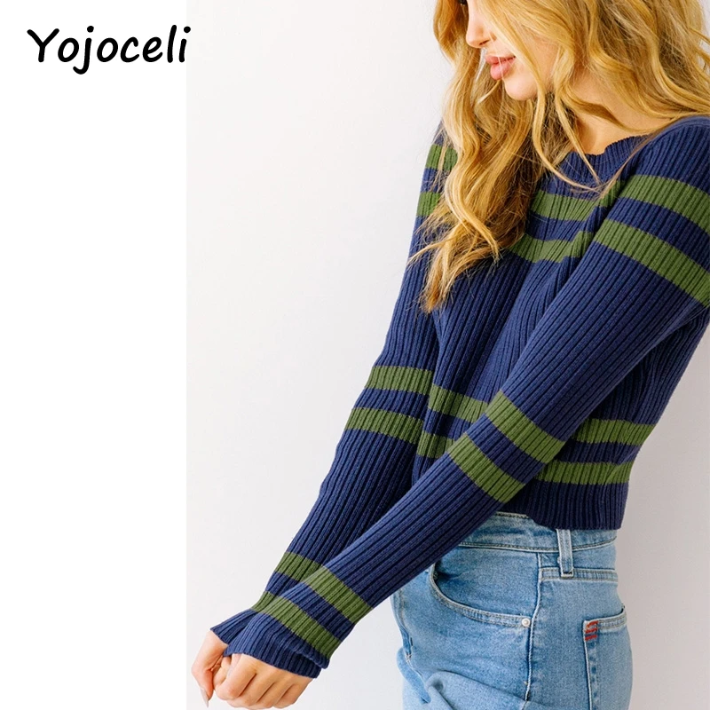 Повседневный полосатый свитер Yojoceli вязаные пуловеры женский короткий пуловер с