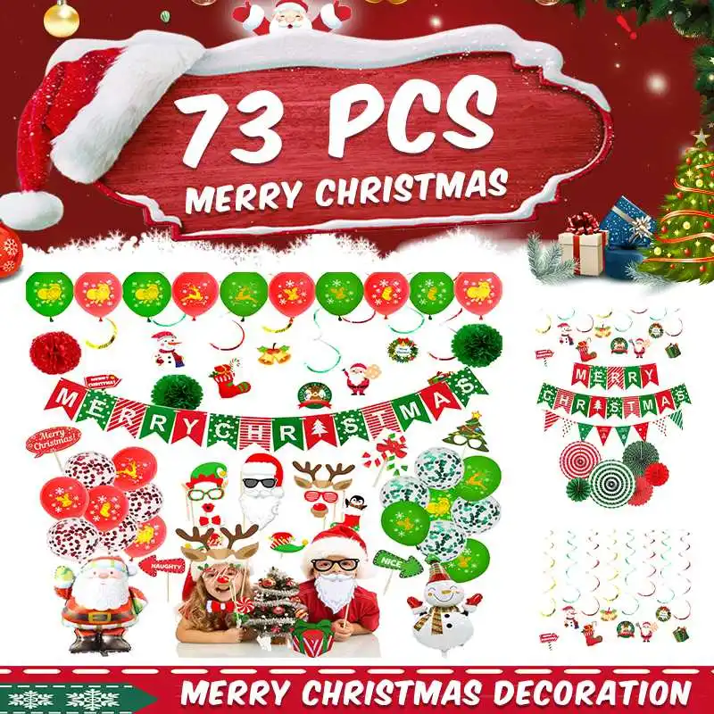

73Pcs Christmas Decorations Christmas Snowman Tree Elderly Elk Pull Flag Spiral Ornament Set Holiday DIY Party Decorations