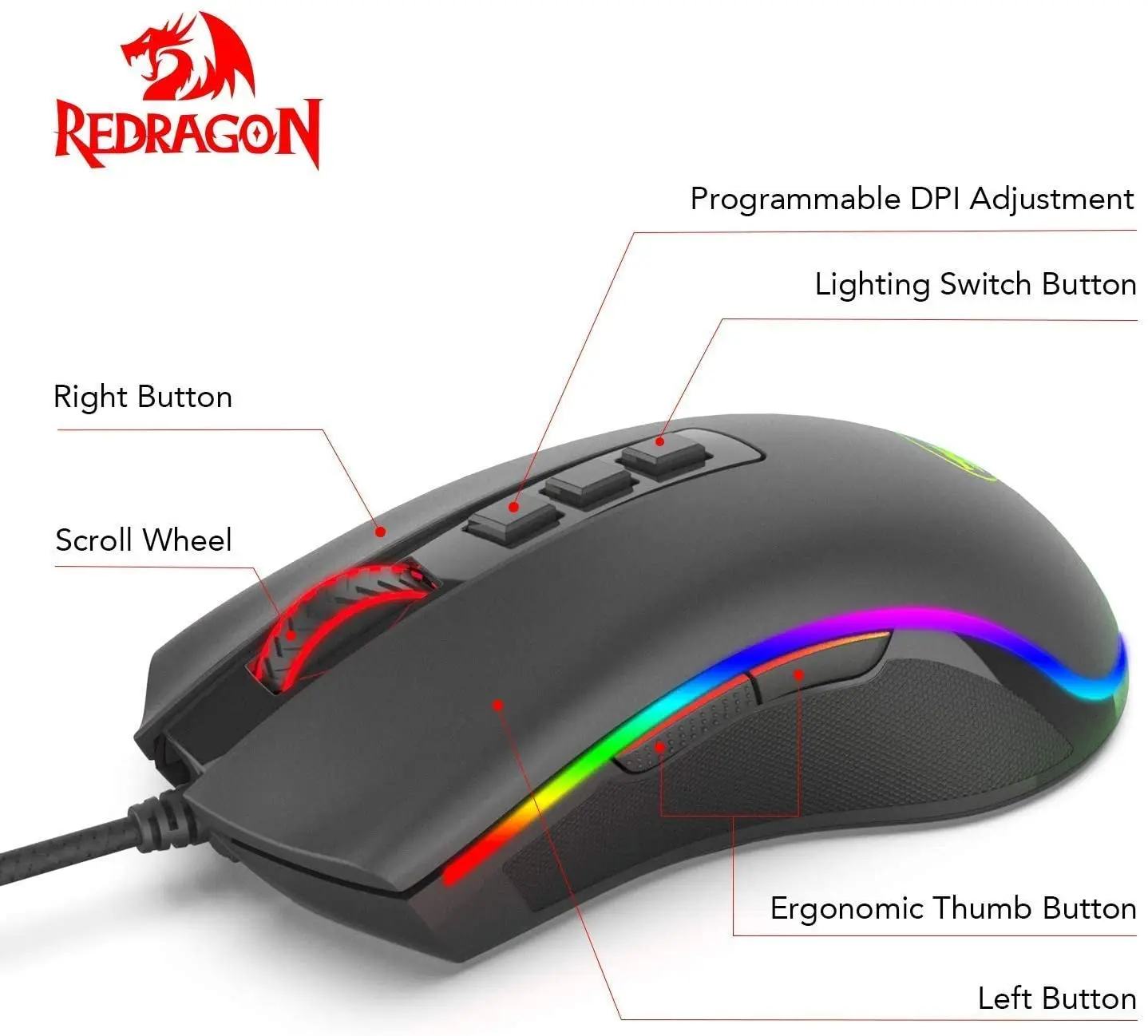 Игровая мышь Redragon M711 Cobra с Цветной подсветкой 16 8 миллиона RGB 10000 DPI регулируемая