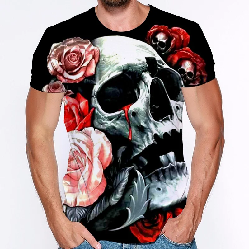 

Футболка с круглым вырезом для мужчин и женщин, модная повседневная тенниска с 3D-принтом черепа, крутая майка с коротким рукавом, уличная од...