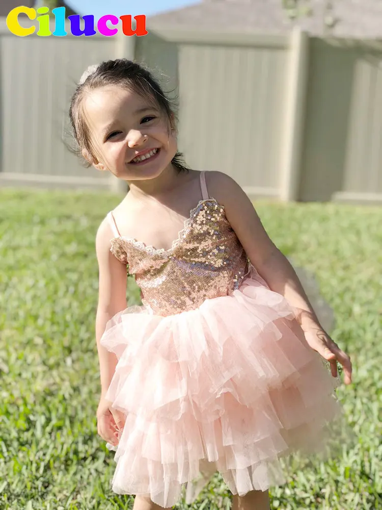 Toddler Girl Sequin Dress Kids Tutu Sling Summer White Flower 4t Pageant Wedding Bridesmaid for Girls Rose Gold | Детская одежда и