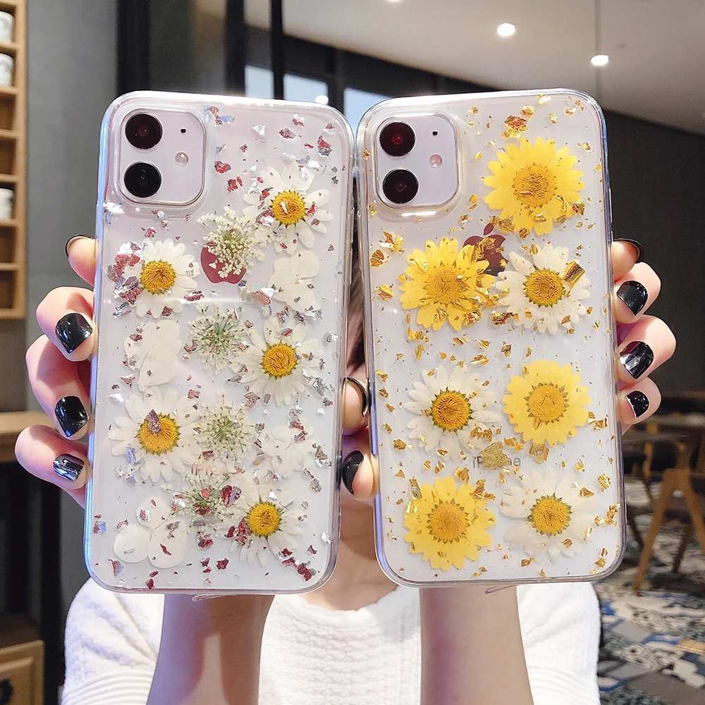 SUYACS чехол для телефона из золотой и серебряной фольги с сухим цветком iPhone 11 Pro Max XS