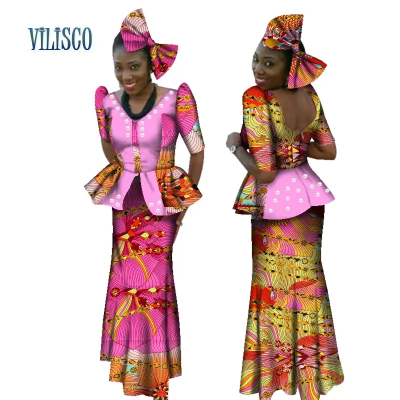 African Beads Tops and Skirt Sets Bow Knot for Women Bazin Riche Traditional African Print 2 Piece Skirt Sets Clothing WY072